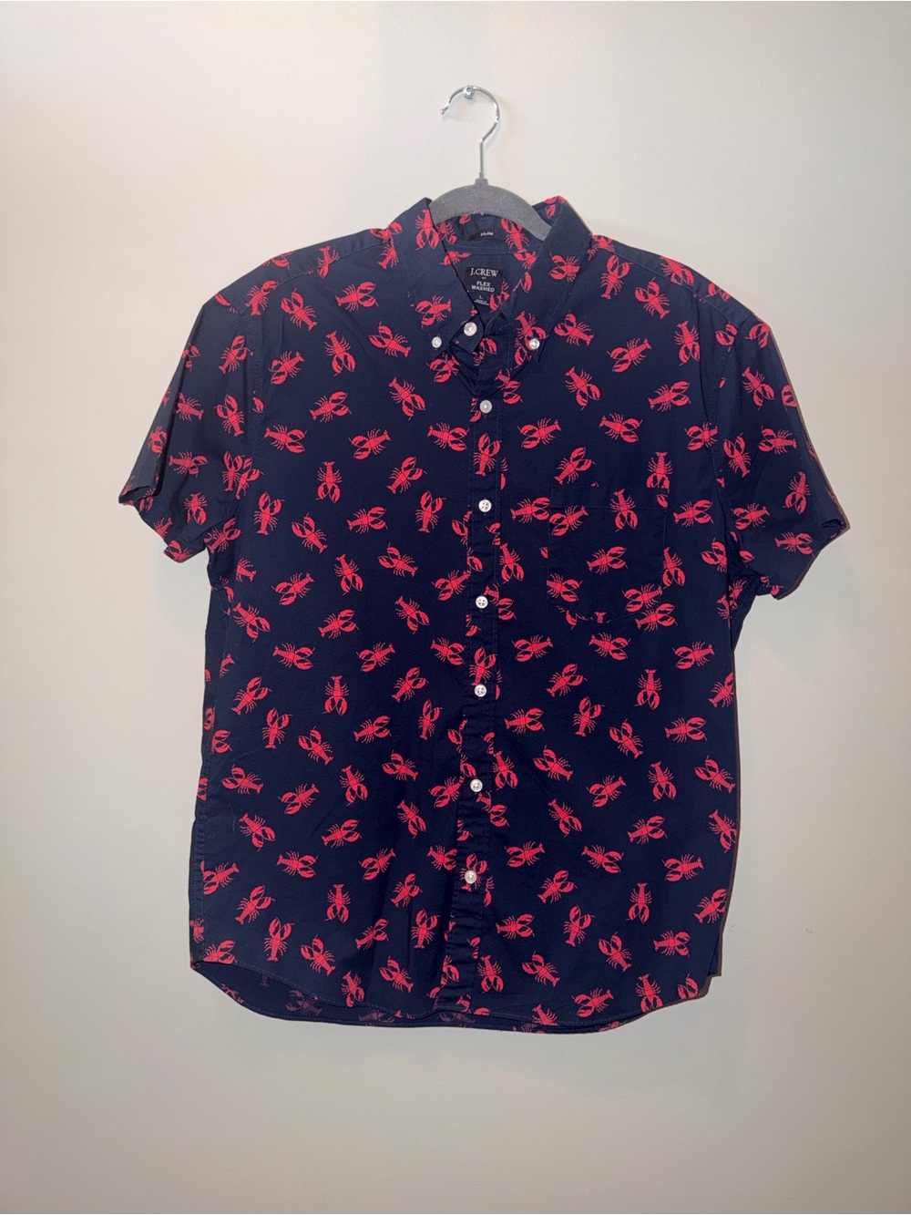 J. Crew Navy Short-Sleeve Button-Down with Red Lobster Print